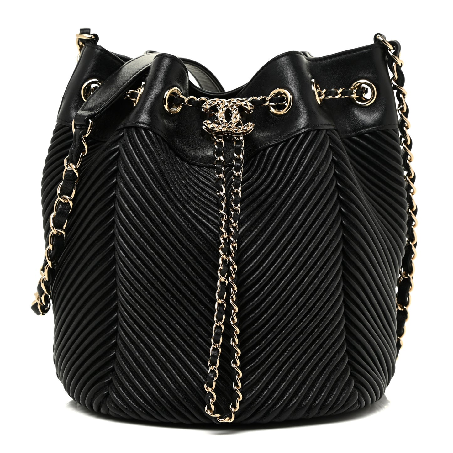 Lambskin Chevron Drawstring Bag Black