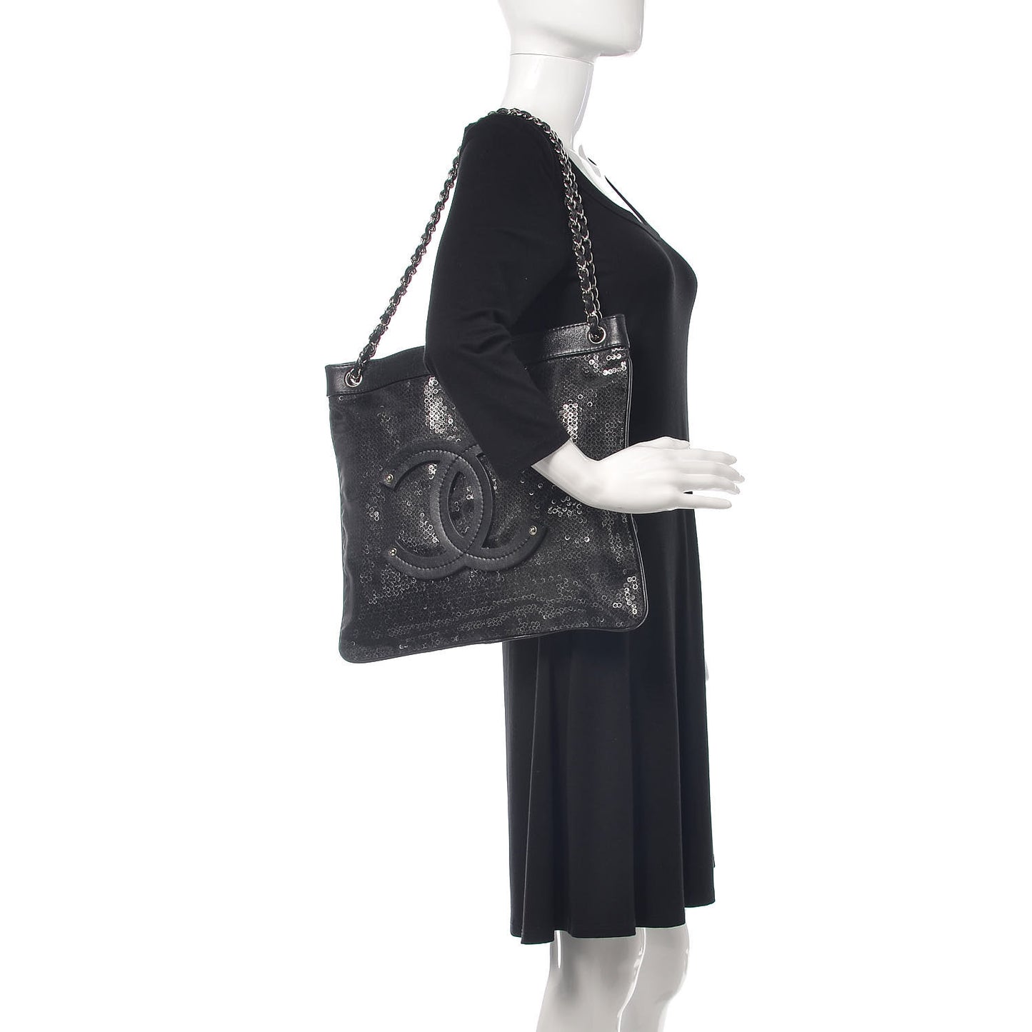 Calfskin Mesh Hidden Sequin CC Tote Black