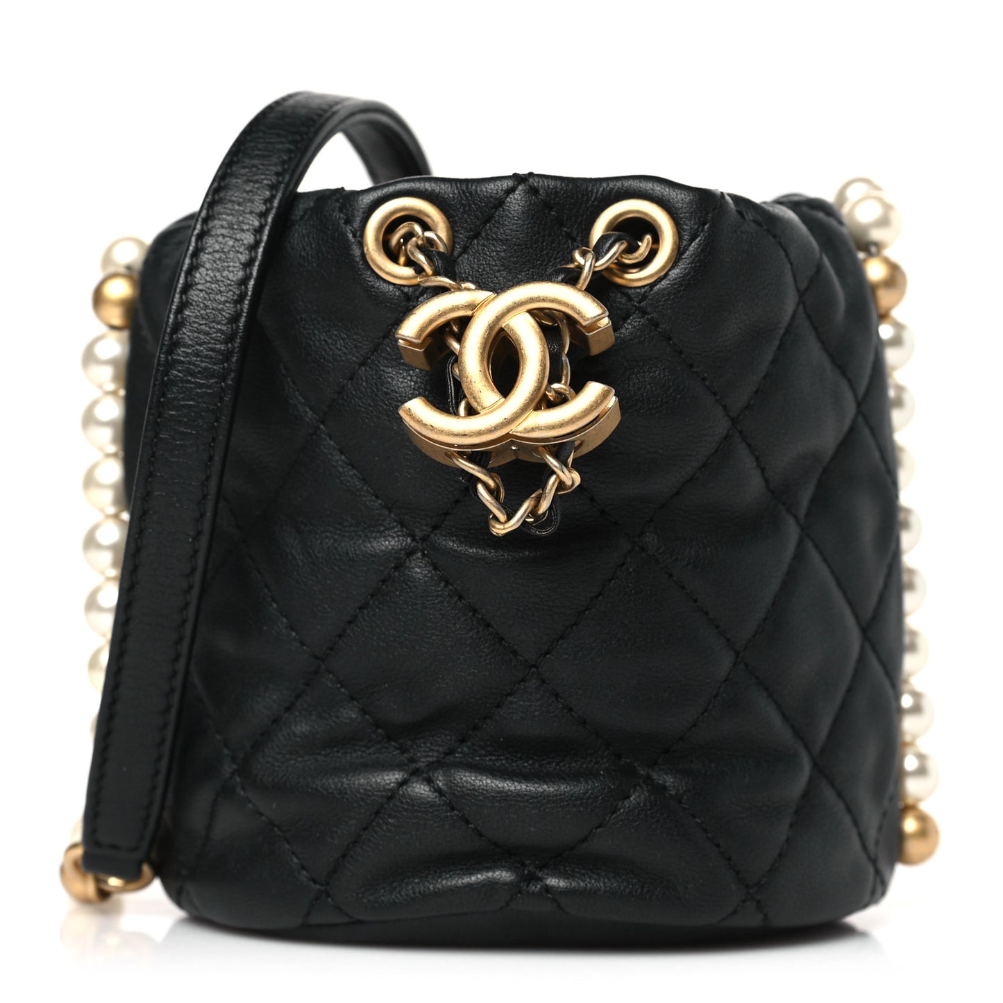 Calfskin Quilted Pearl Mini About Pearls Drawstring Bucket Bag Black