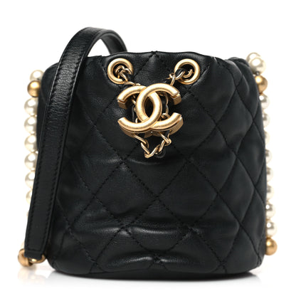 Chanel Calfskin Quilted Pearl Mini About Pearls Drawstring Bucket Bag Black 1 of 9