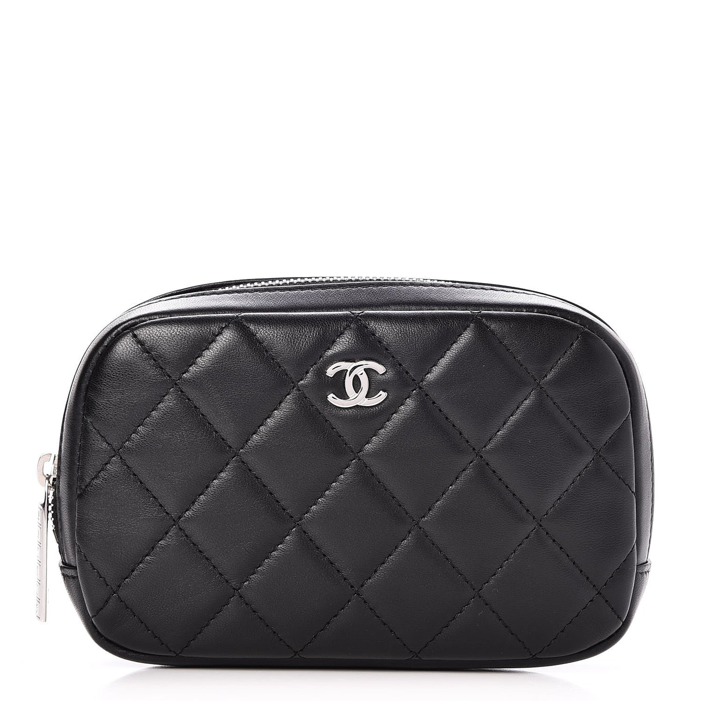 Lambskin Quilted Small Curvy Pouch Cosmetic Case Black