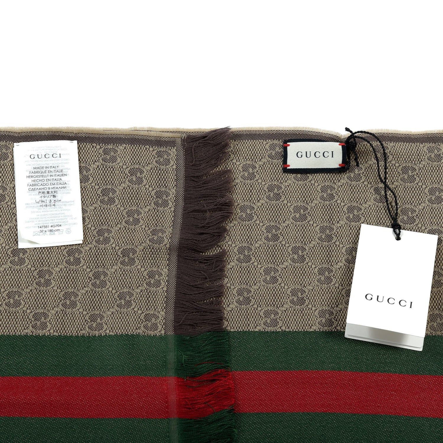 Gucci Wool Silk GG Monogram Web Verbier Fringe Scarf Light Brown Dark Green 5 of 5