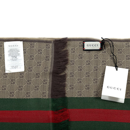 Gucci Wool Silk GG Monogram Web Verbier Fringe Scarf Light Brown Dark Green 5 of 5