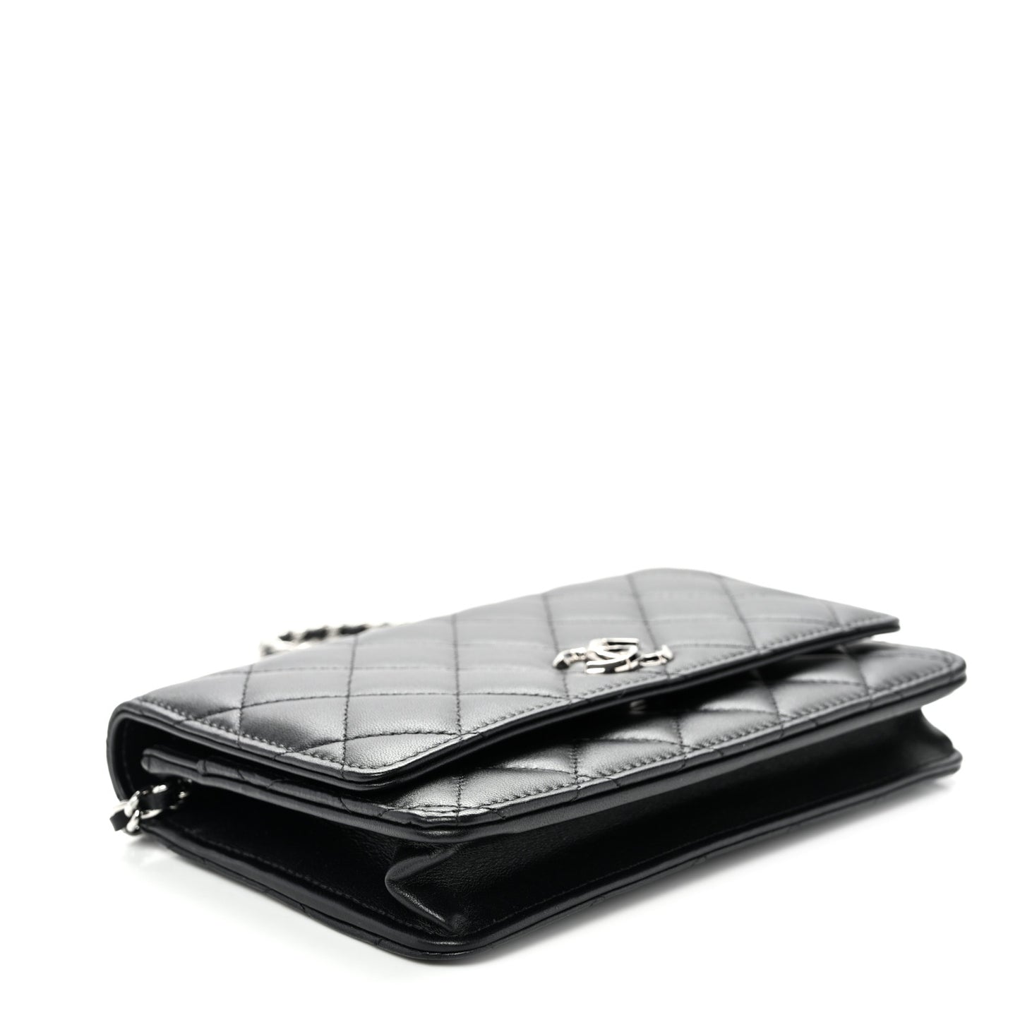Lambskin Quilted Enamel CC Wallet on Chain WOC Black