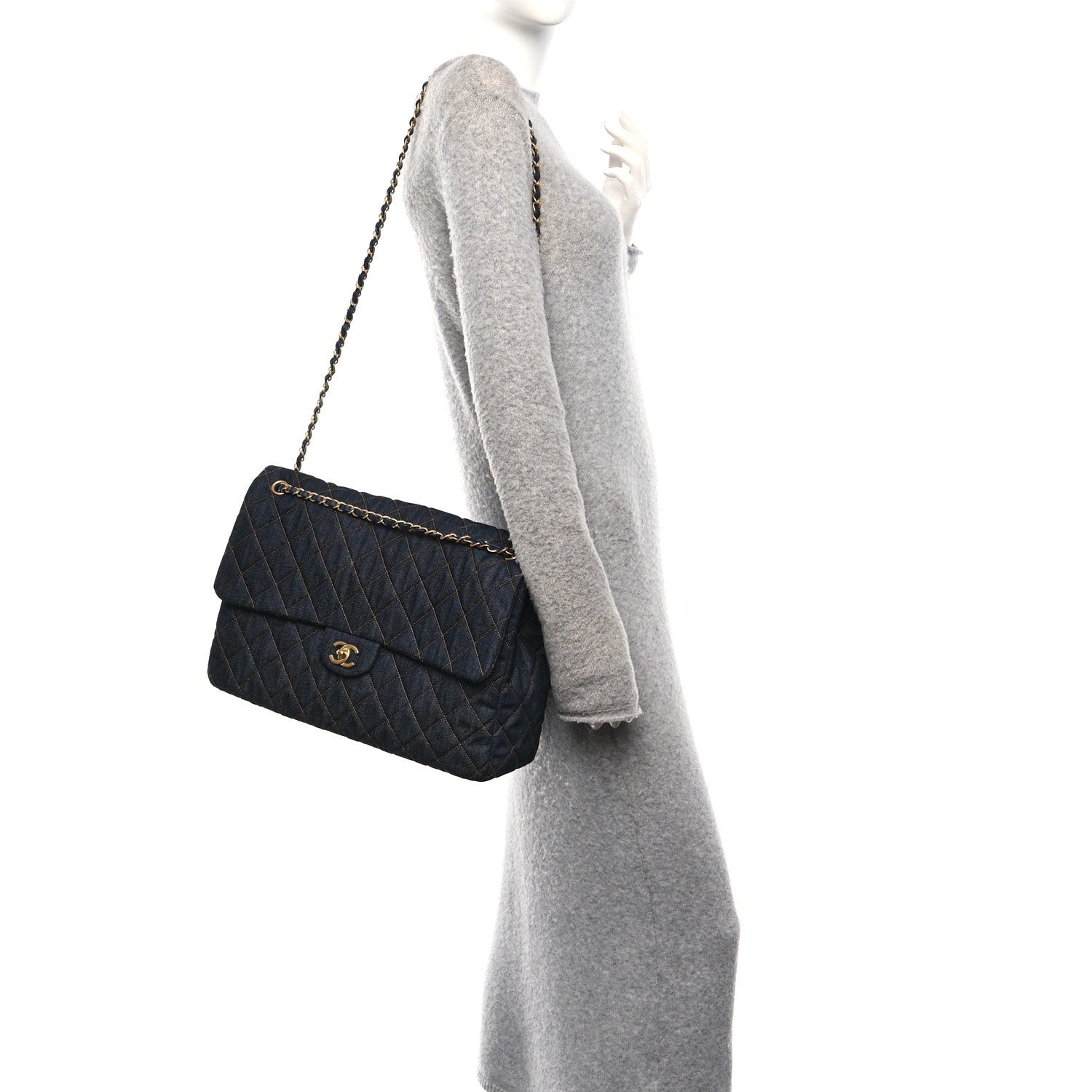 Chanel Denim Quilted XXL Travel Flap Bag Dark Blue Orange 2 of 11