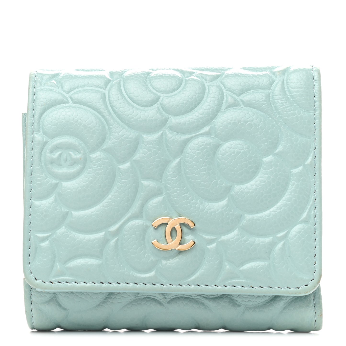 Caviar Camellia Embossed Compact Wallet Light Blue