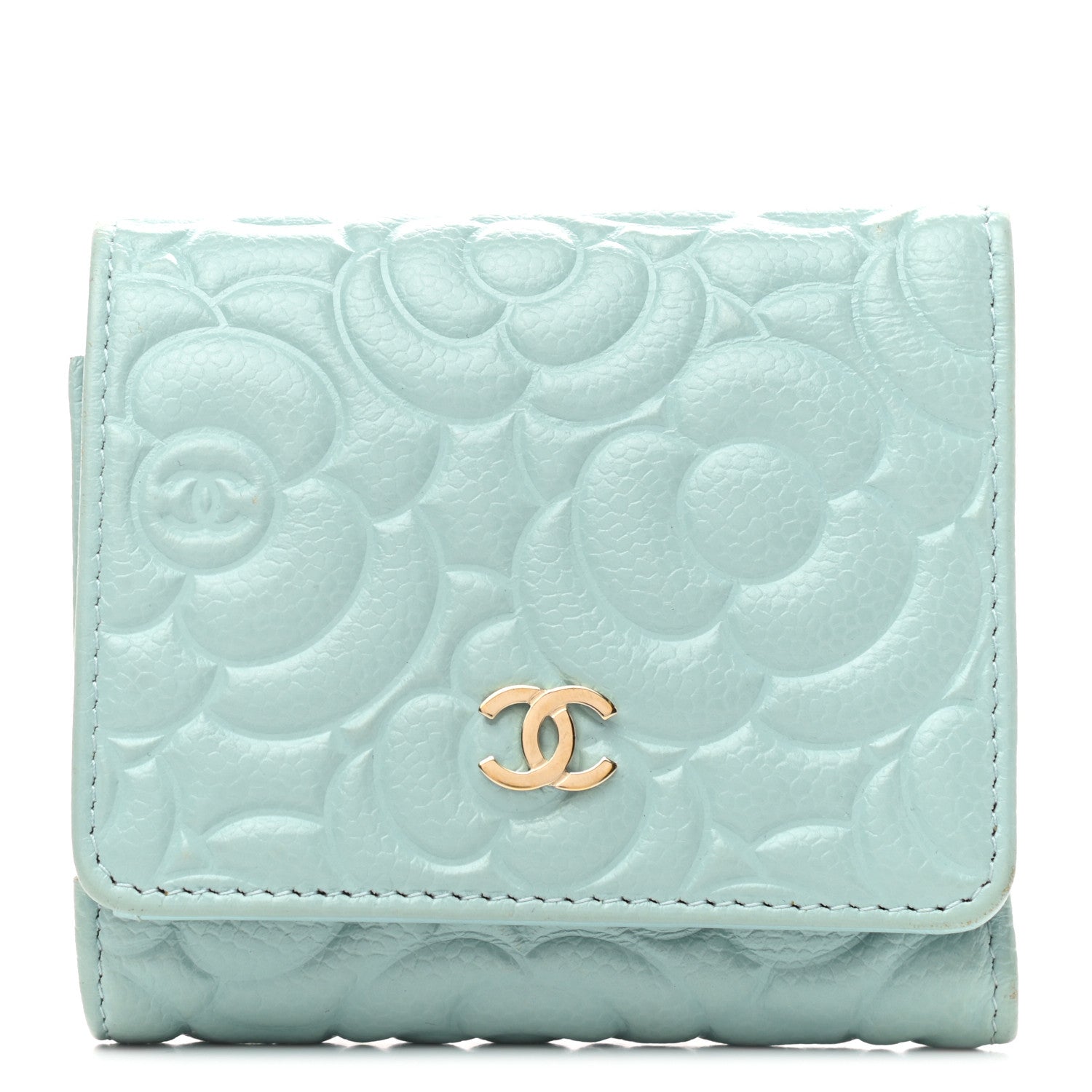 Chanel Caviar Camellia Embossed Compact Wallet Light Blue 1 of 8