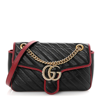 Gucci Vintage Effect Calfskin Matelasse Diagonal Small Torchon GG Marmont Shoulder Bag Black Romantic Cherry 1 of 10