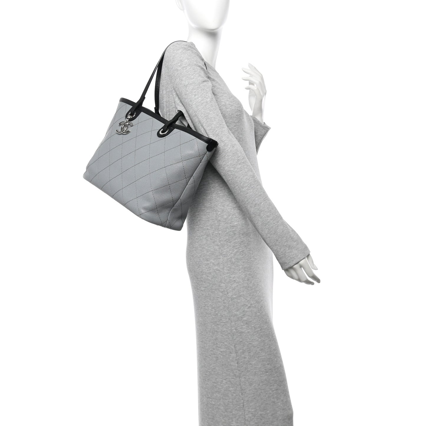 Grained Calfskin Shopping Fever Tote Grey Black
