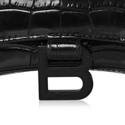Balenciaga Shiny Calfskin Monochrome Crocodile Embossed Hourglass Chain Bag Black 9 of 10