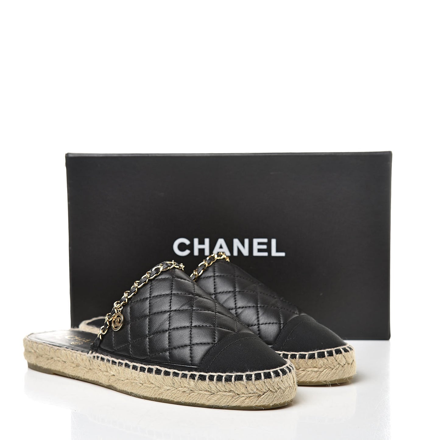 Lambskin Grosgrain Quilted CC Chain Espadrille Mules 40 Black