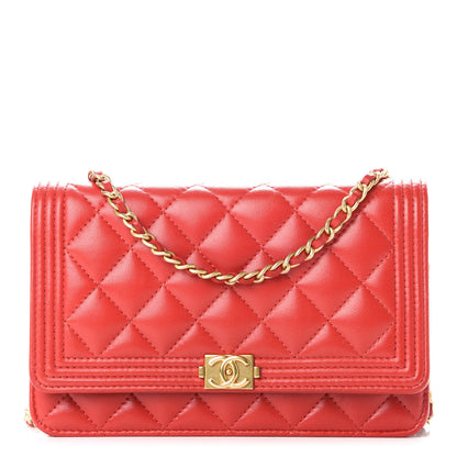 Chanel Lambskin Quilted Boy Wallet On Chain WOC Red 1 of 9