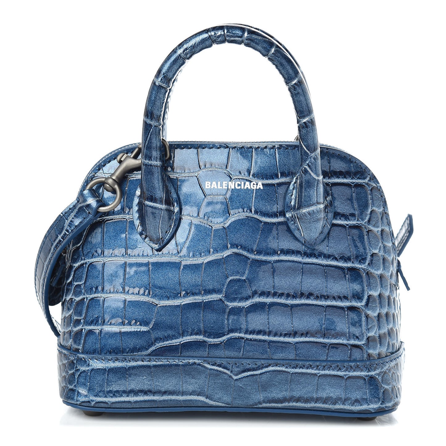 Metallic Calfskin Crocodile Embossed XXS Ville Top Handle Bag Bleu