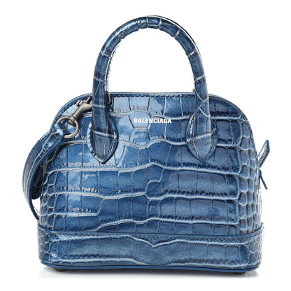Balenciaga Metallic Calfskin Crocodile Embossed XXS Ville Top Handle Bag Bleu 1 of 9