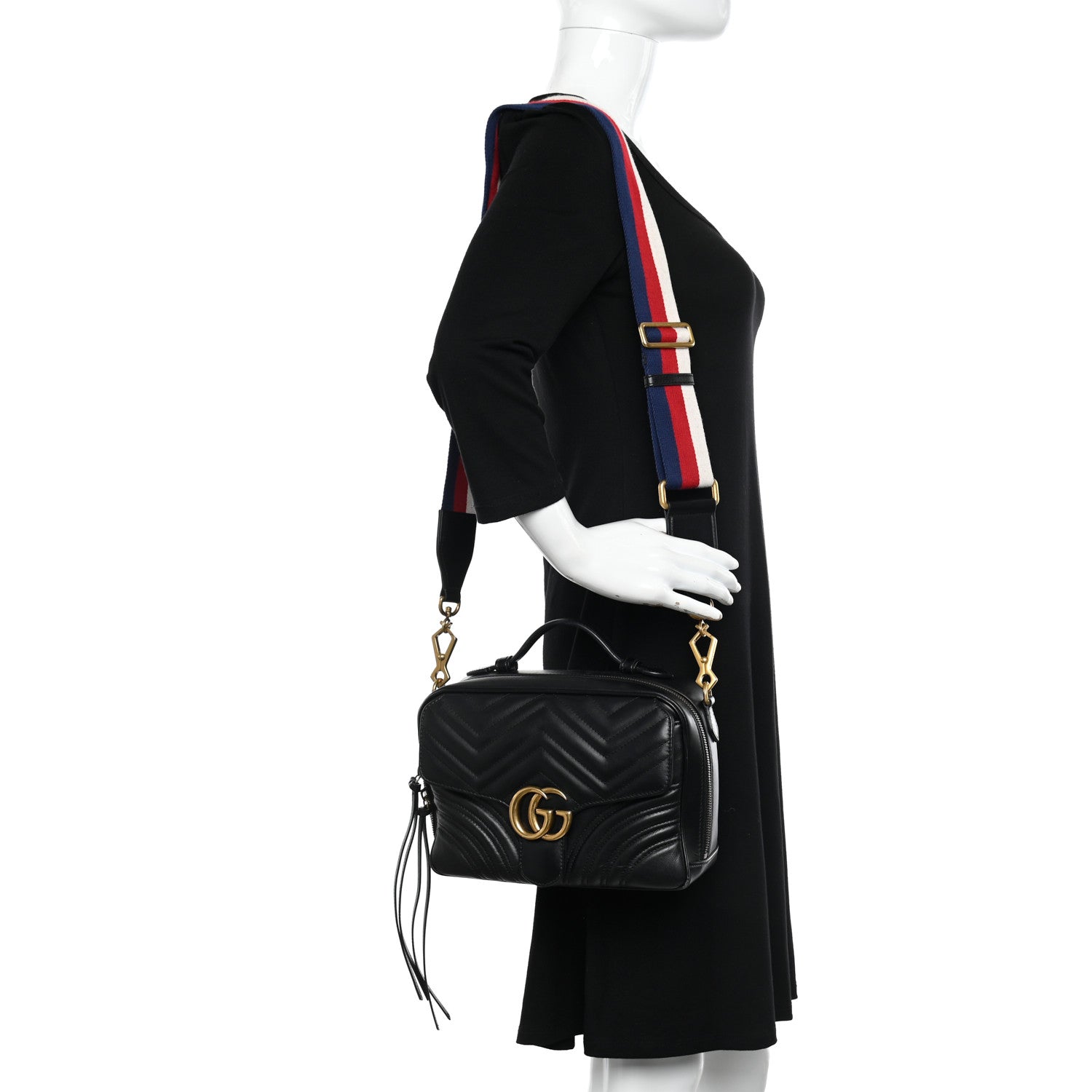 Gucci Calfskin Matelasse Sylvie Web Small GG Marmont Top Handle Shoulder Bag Black 2 of 11
