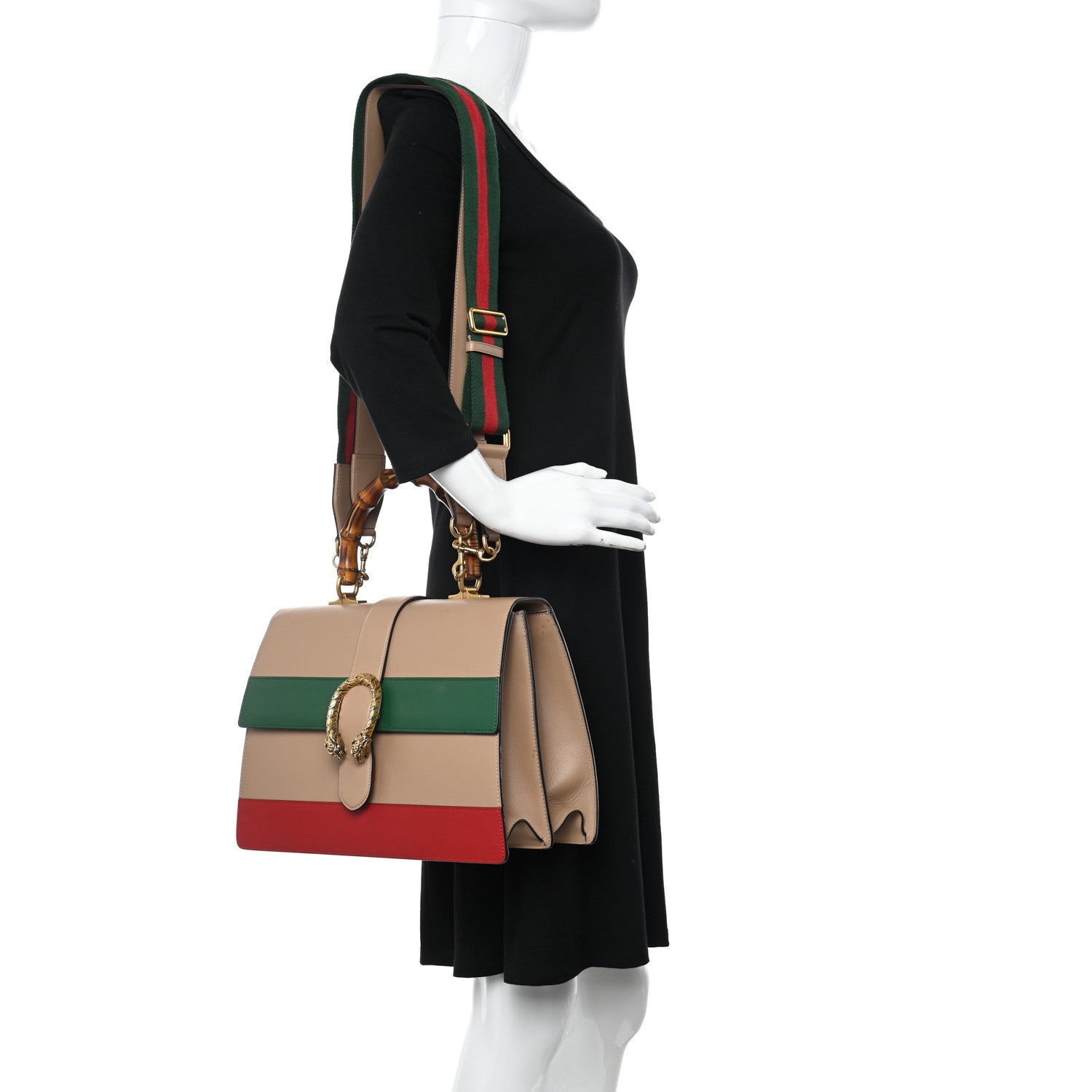 Gucci Moon Calfskin Web Large Dionysus Bamboo Top Handle Bag Camelia Bright Evergreen Hibiscus Red 2 of 16