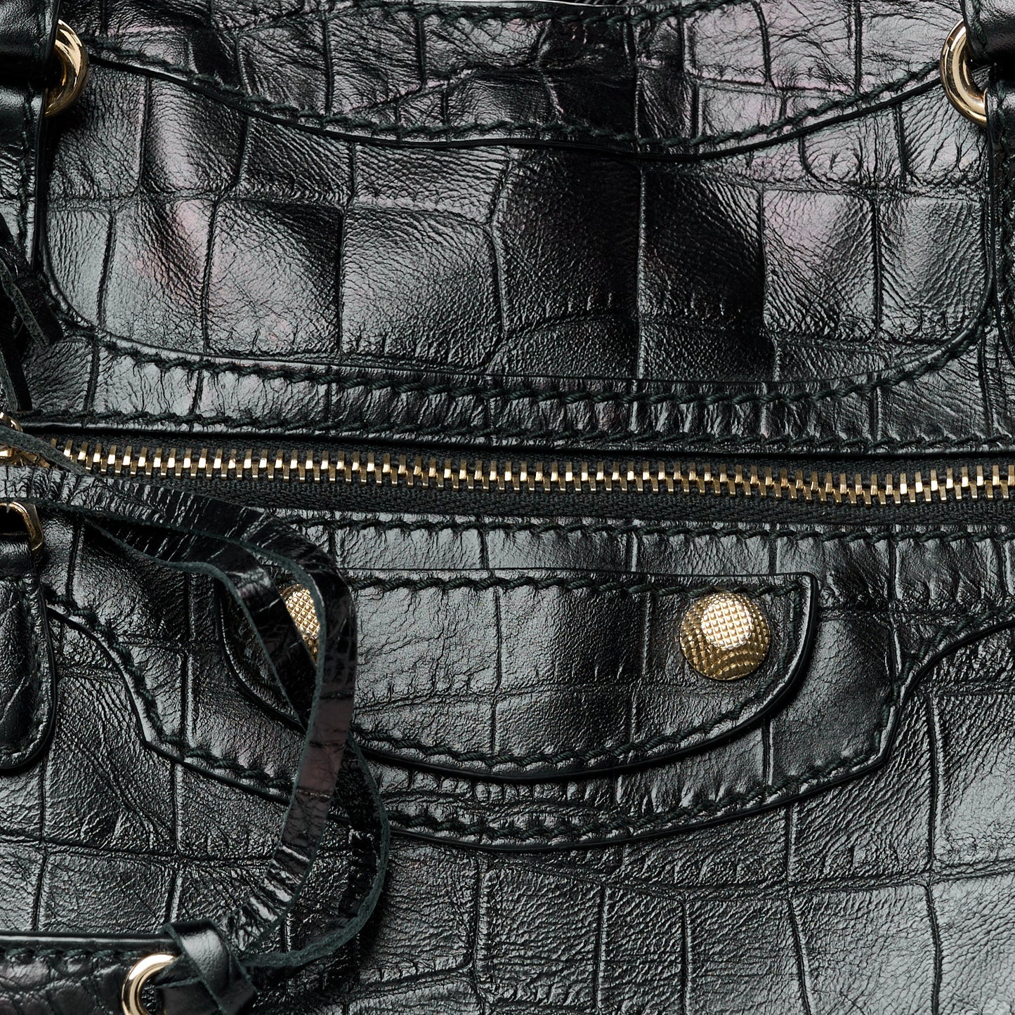 Calfskin Crocodile Embossed Giant 12 Gold Hardware City Black
