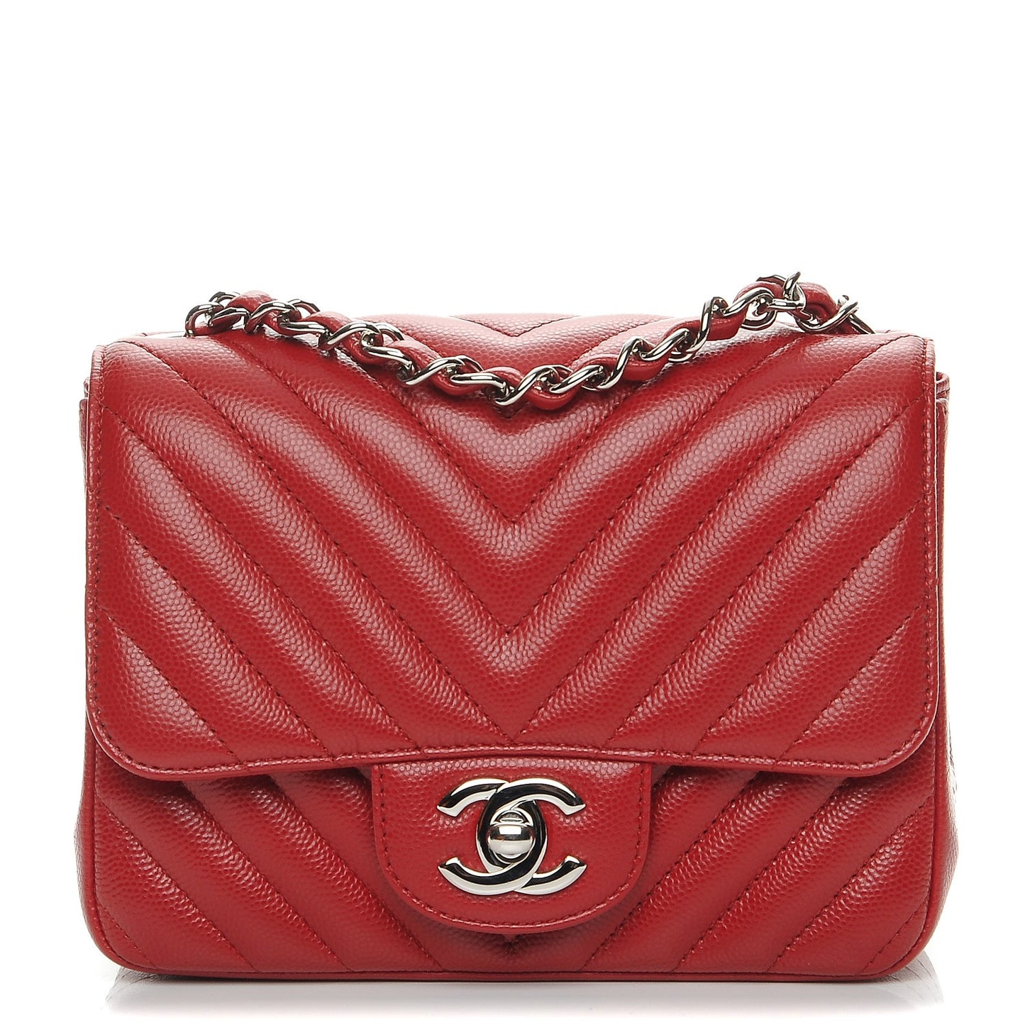 Caviar Chevron Quilted Mini Square Flap Dark Red