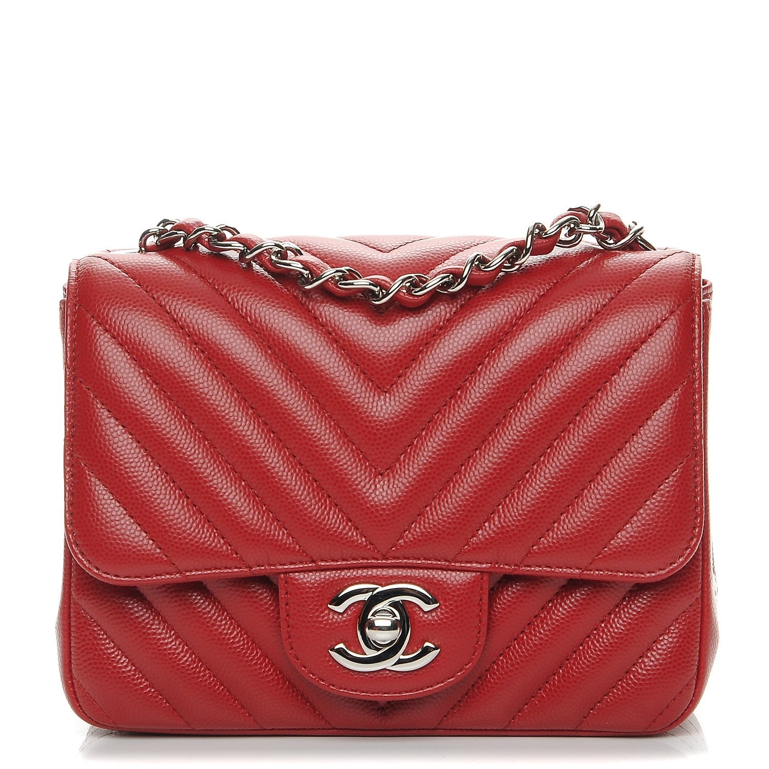 Chanel Caviar Chevron Quilted Mini Square Flap Dark Red 1 of 8