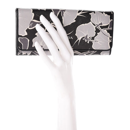 Prada Saffiano Floral Print Continental Flap Wallet Black 2 of 9