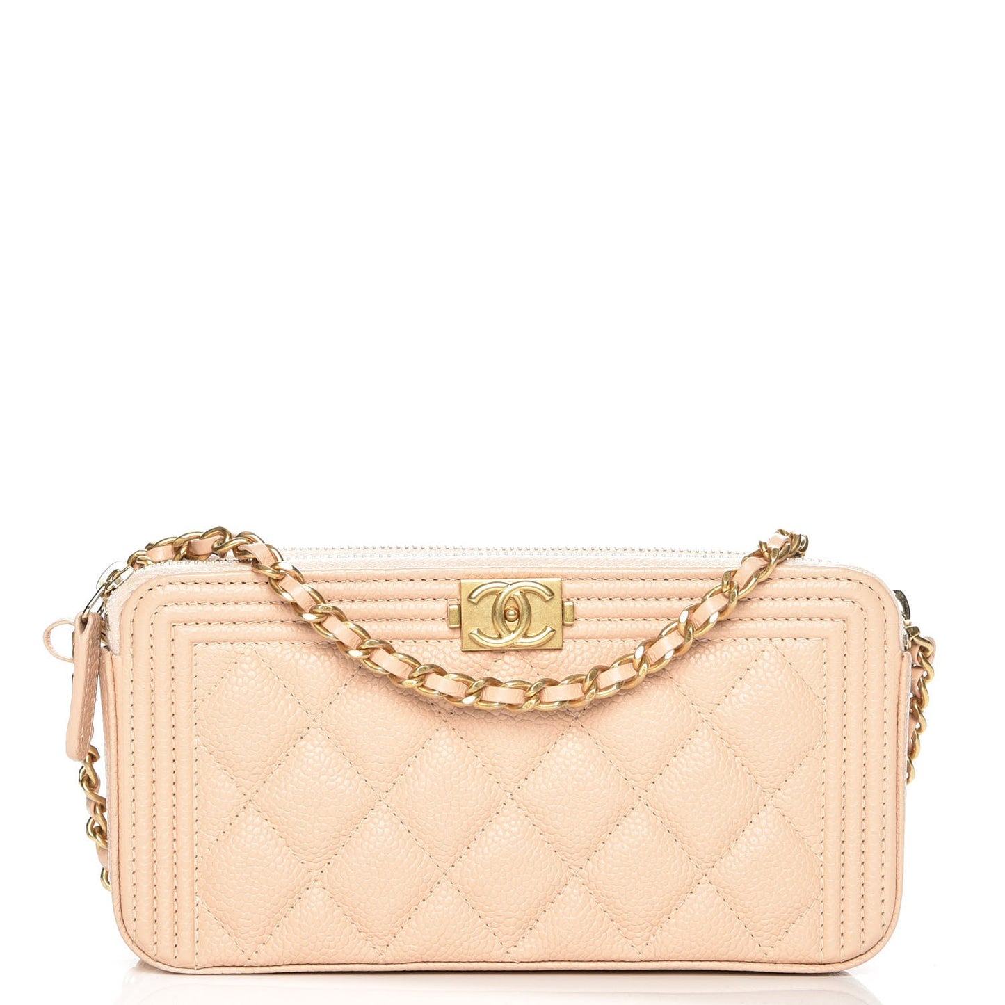 Caviar Quilted Small Boy Clutch With Chain Beige