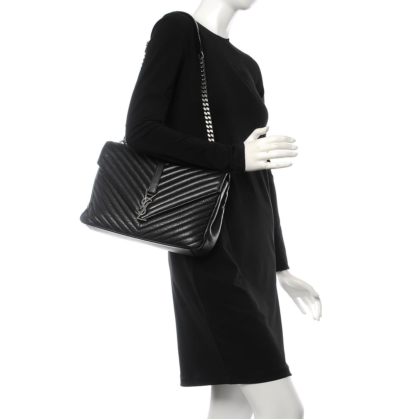 Sheepskin Matelasse Chevron Monogram Large College Satchel Black