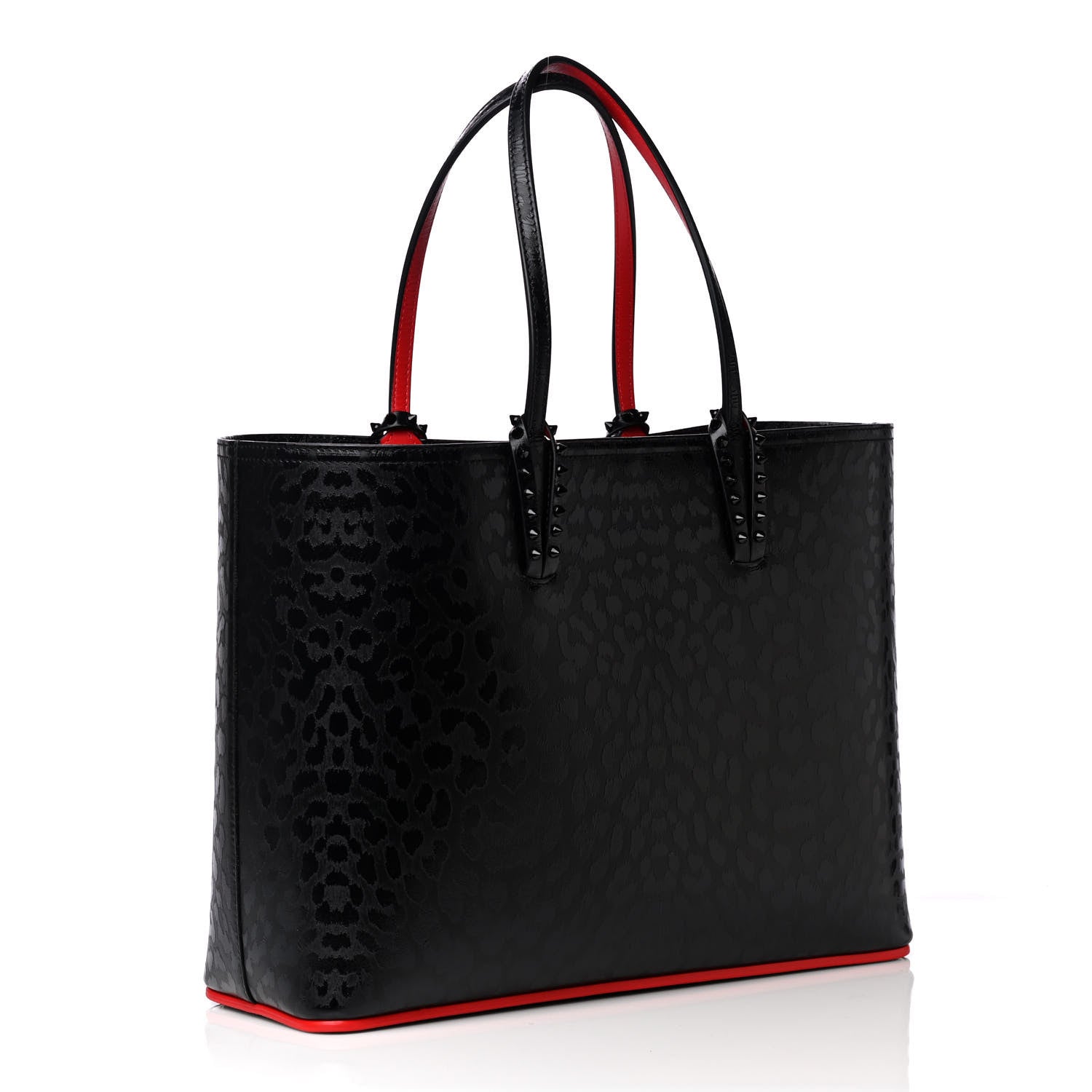 Christian Louboutin Patent Calfskin Leopard Print Spikes East West Cabata Tote Black 3 of 4
