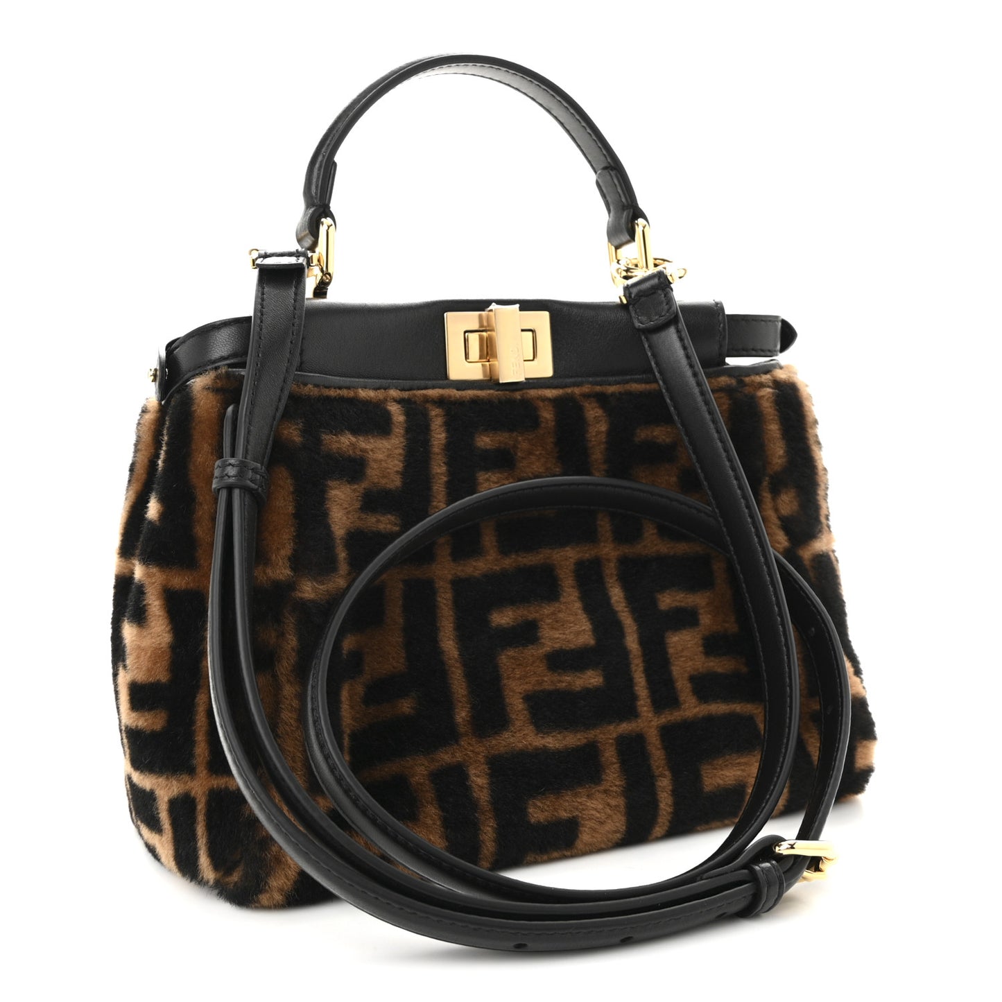 Shearling Nappa Macro FF 1974 Mini Peekaboo Iconic Satchel Tobacco Black