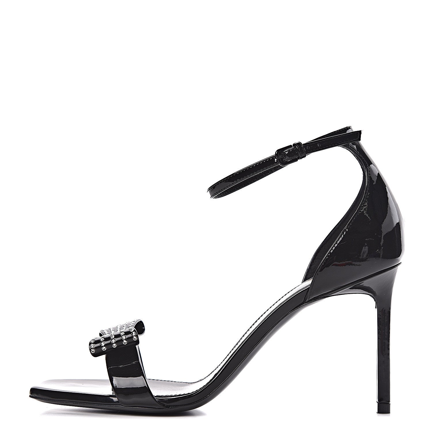 Saint Laurent Patent Calfskin Crystal Amber Bow 85 Ankle Strap Sandals 38 Black 1 of 10