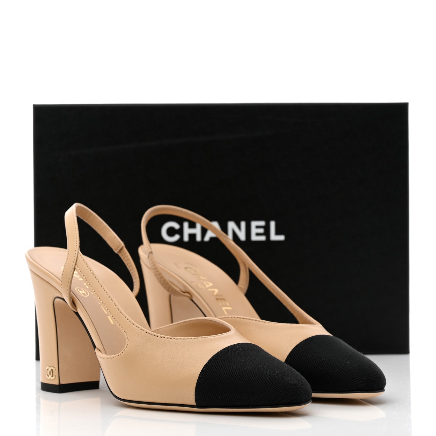 Lambskin Grosgrain Cap Toe CC Slingback Pumps 37.5 Beige Black