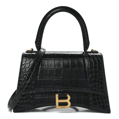 Balenciaga Shiny Calfskin Crocodile Embossed Small Hourglass Top Handle Bag Black 1 of 13