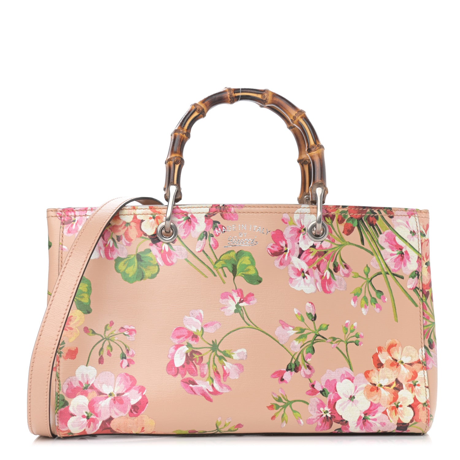 Gucci Shangai Calfskin Blooms Print Medium Bamboo Shopper Tote Pink Apricot Multicolor 1 of 10