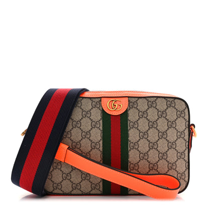 Gucci GG Supreme Monogram Textured Dollar Calfskin Web Ophidia Wristlet Shoulder Bag Beige Ebony Orange 1 of 10