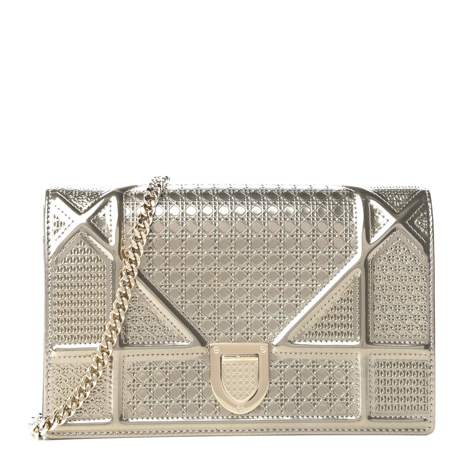 Christian Dior Metallic Patent Micro-Cannage Diorama Wallet on Chain Pouch Gold 1 of 9