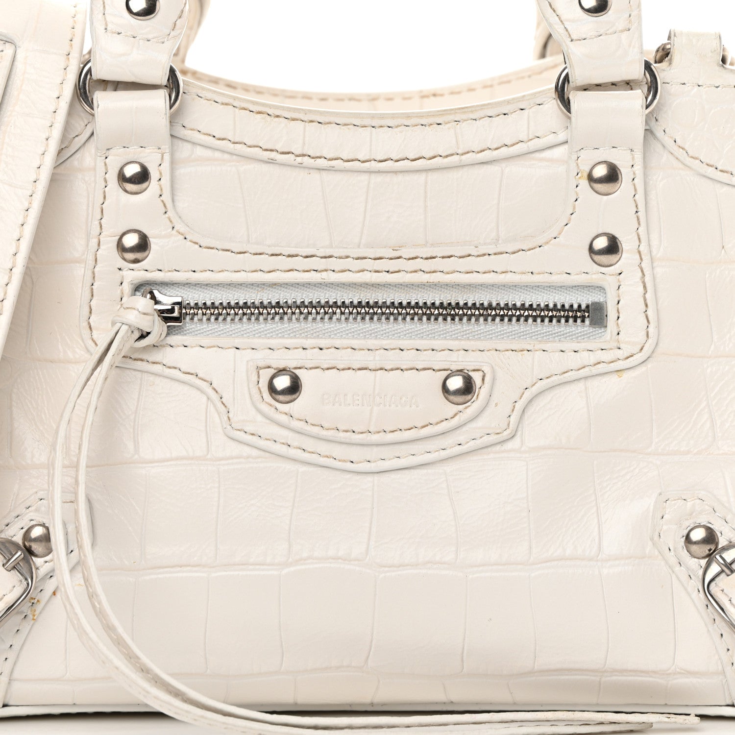 Balenciaga Extra Supple Calfskin Crocodile Embossed Neo Classic Silver Hardware Mini City White 8 of 17