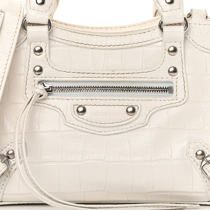 Balenciaga Extra Supple Calfskin Crocodile Embossed Neo Classic Silver Hardware Mini City White 8 of 17