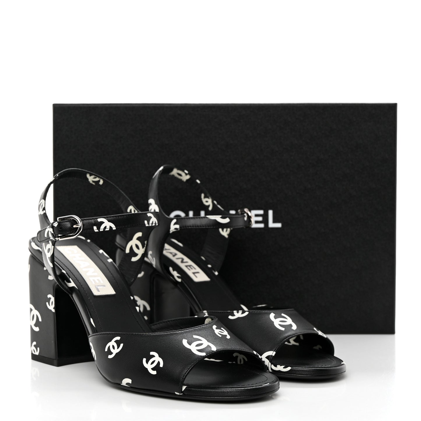 Printed Lambskin CC Sandals 39.5 Black White