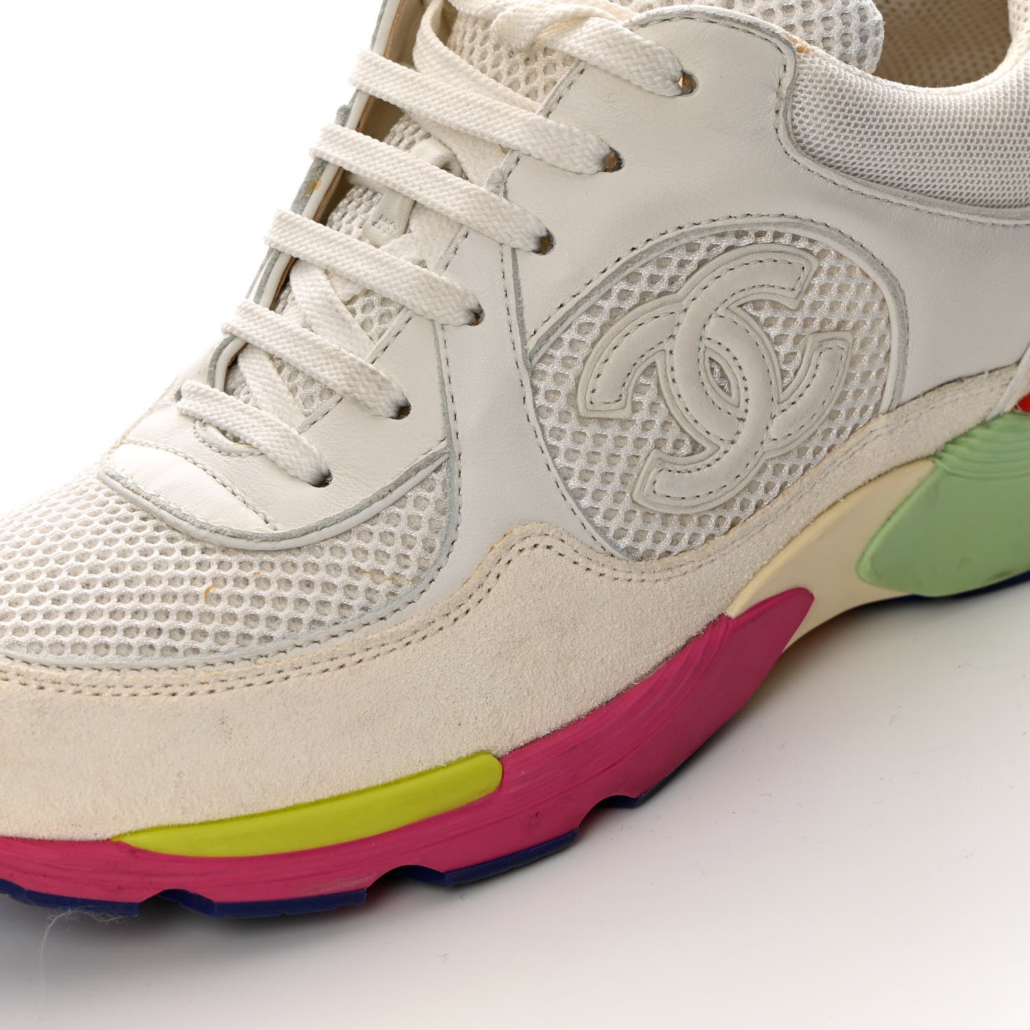 Chanel Suede Calfskin CC Sneakers 37 White Pink Green 12 of 15