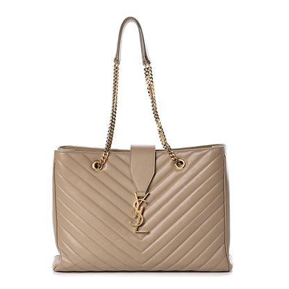 Saint Laurent Lambskin Matelasse Chevron Monogram Shopping Bag Dark Beige 2 of 10