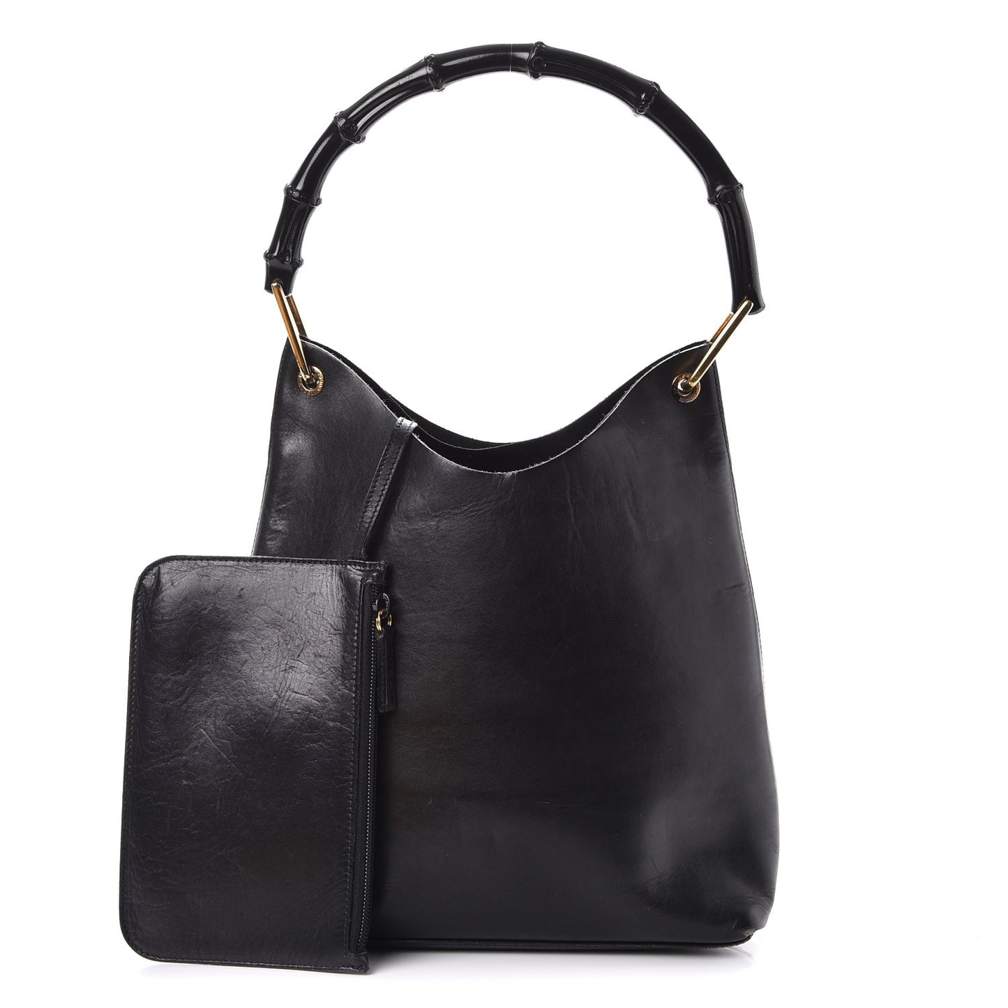 Leather Bamboo Handle Shoulder Bag Black