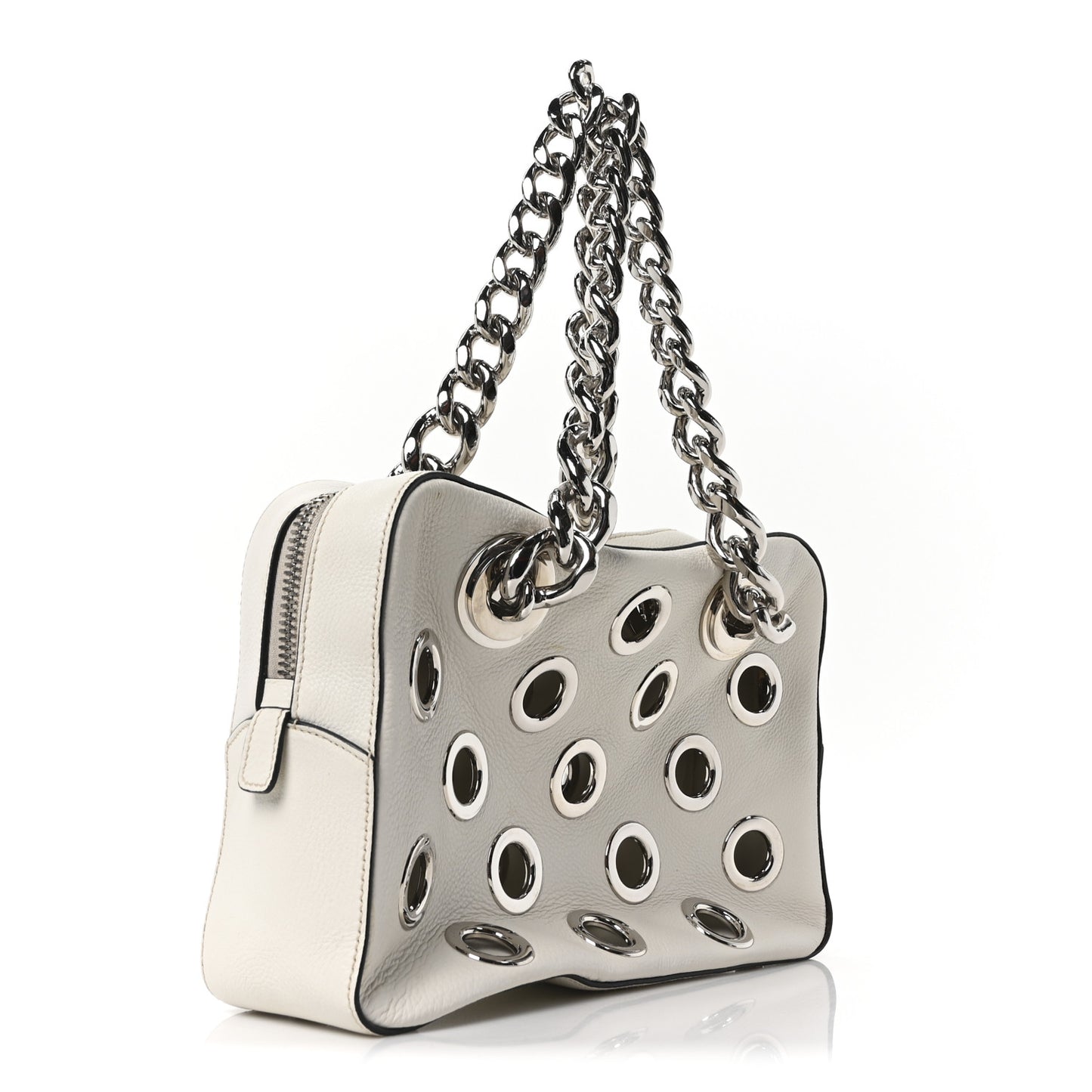 Vitello Daino Grommet Chain Satchel Bag White