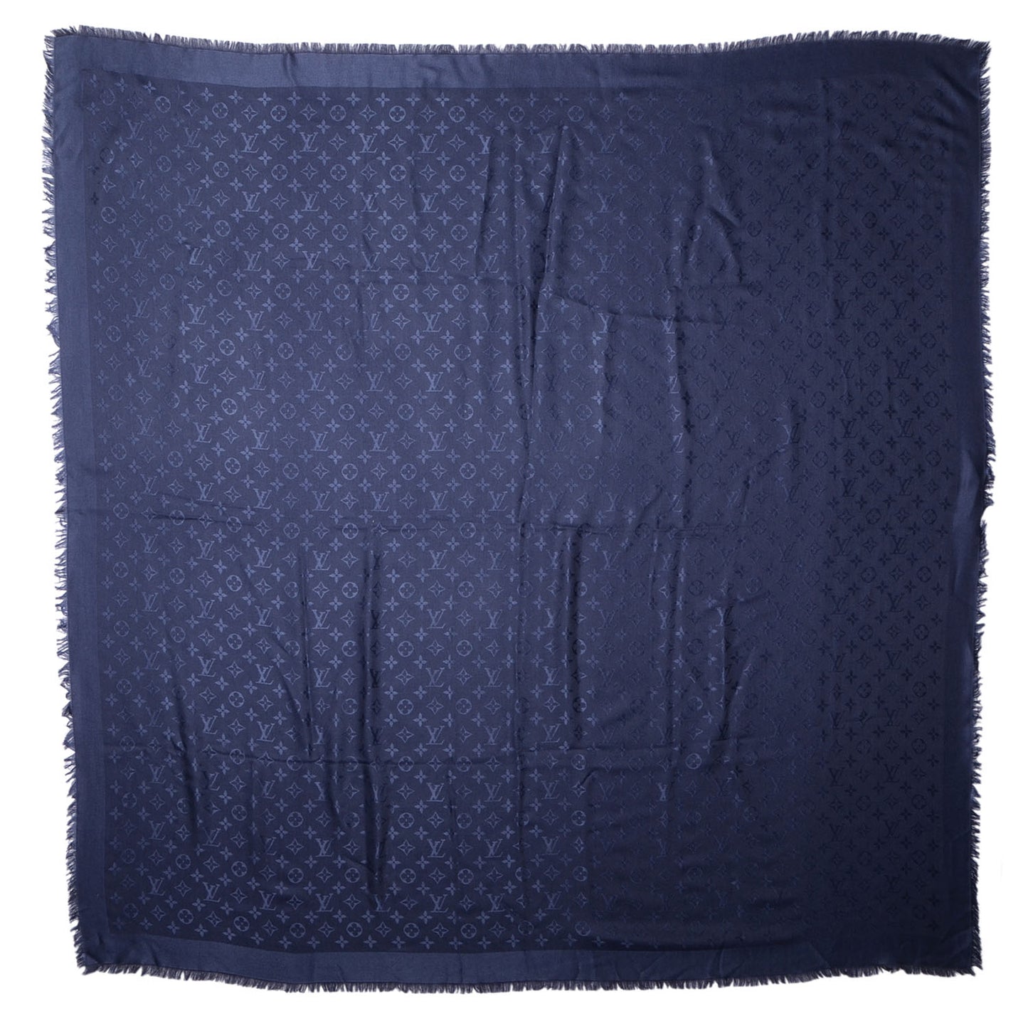 Wool Silk Monogram Shawl Blue Nuit