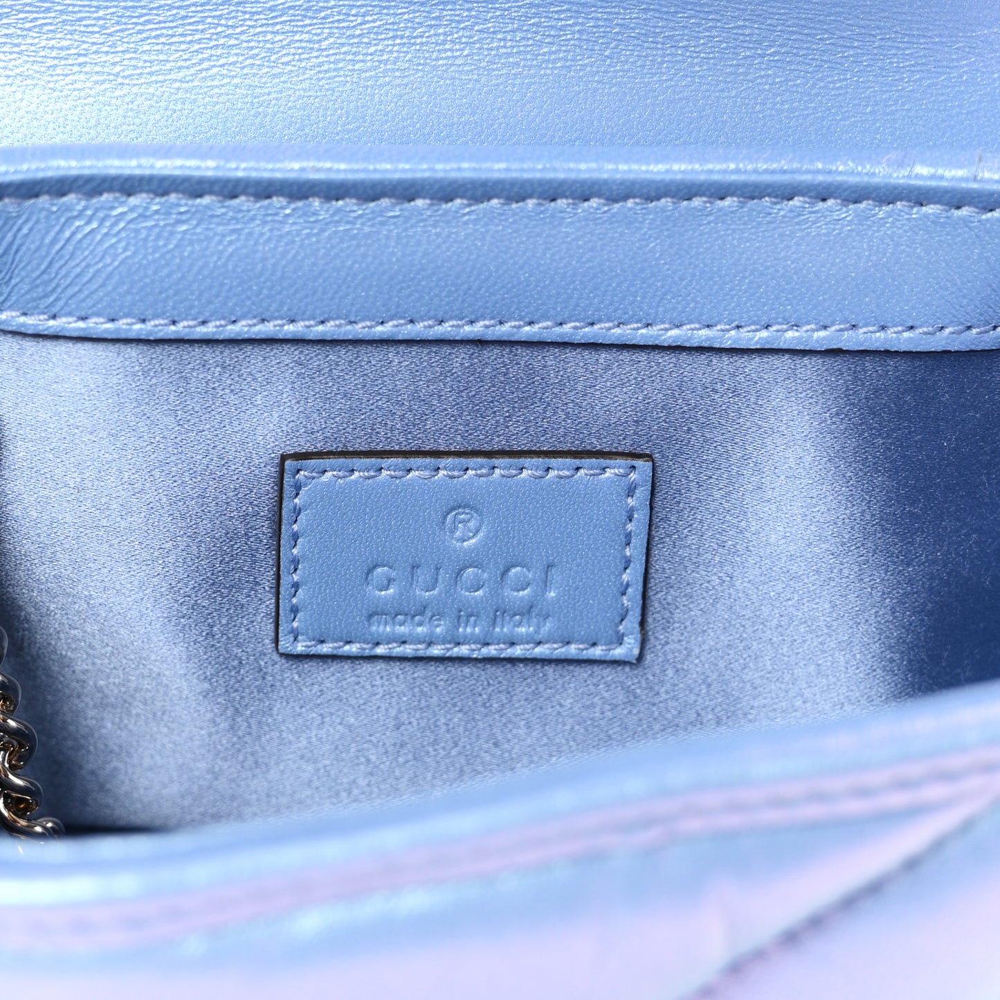 Iridescent Nappa Chevron Matelasse Super Mini GG Marmont Shoulder Bag Mindful Azure