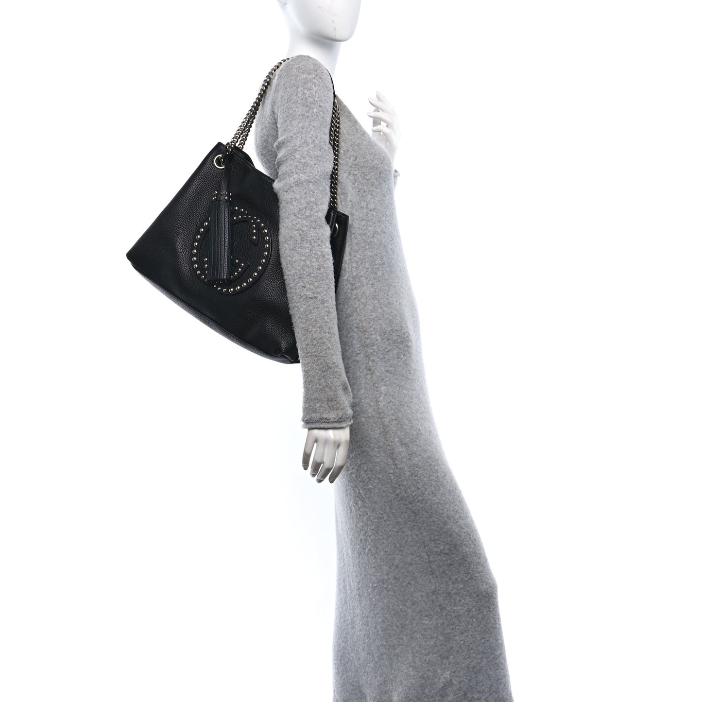 Pebbled Calfskin Studded Medium Soho Chain Shoulder Bag Black