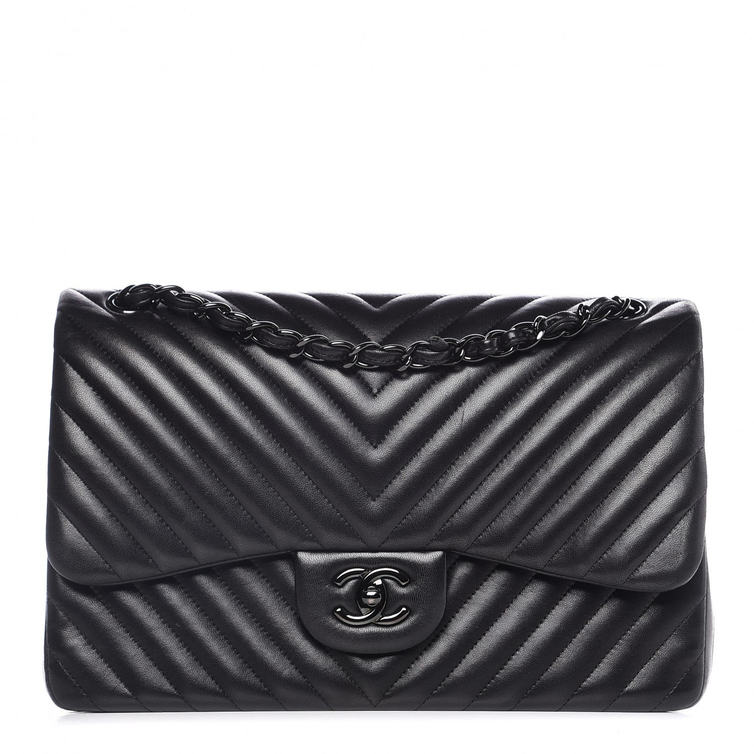 Chanel Lambskin Chevron Quilted Jumbo Double Flap So Black 1 of 13