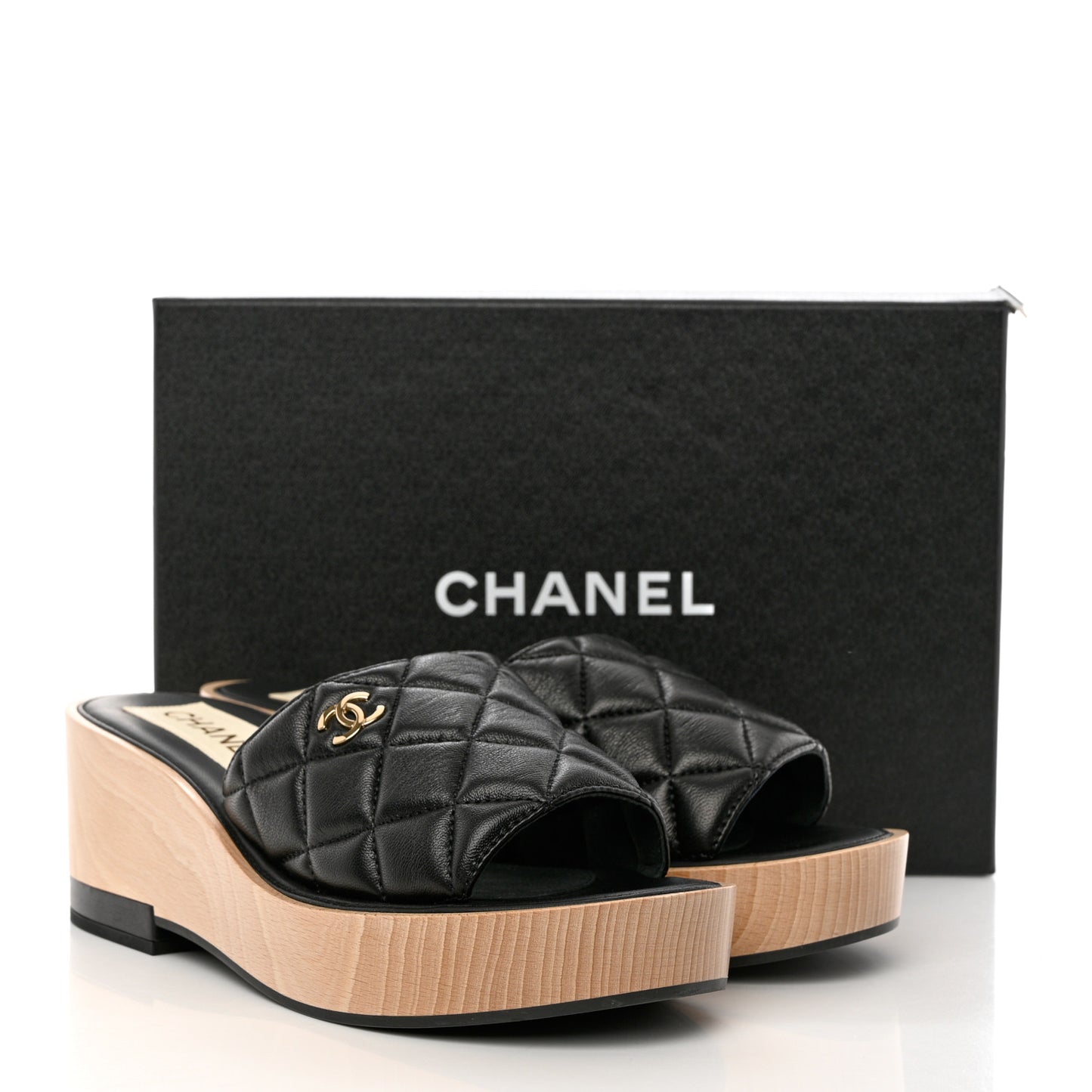 Lambskin Quilted CC Slip On Platform Sandals 40 Black