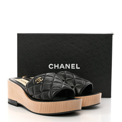 Chanel Lambskin Quilted CC Slip On Platform Sandals 40 Black 10 of 10