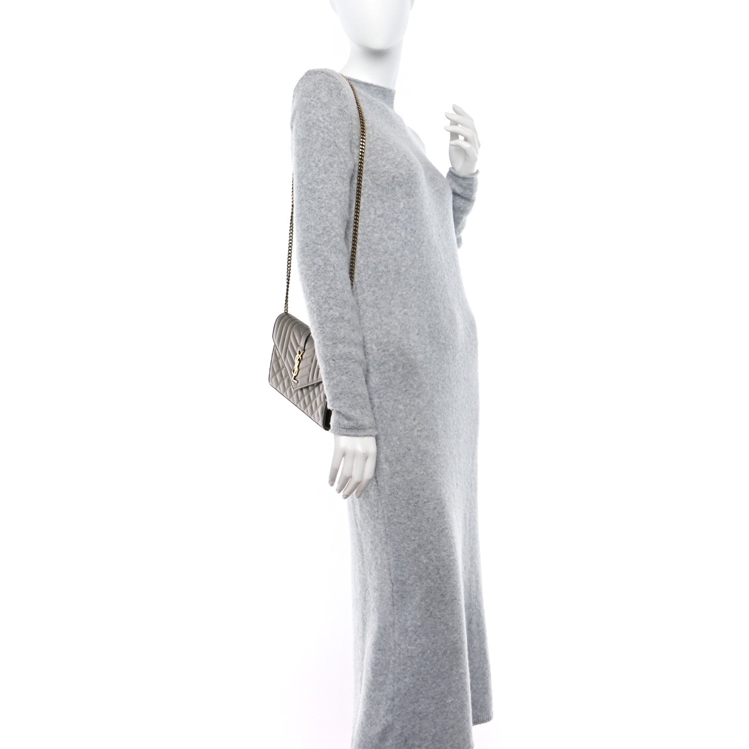 Saint Laurent Metallic Grain De Poudre Mixed Matelasse Triquilt Monogram Chain Wallet Piombo 2 of 9