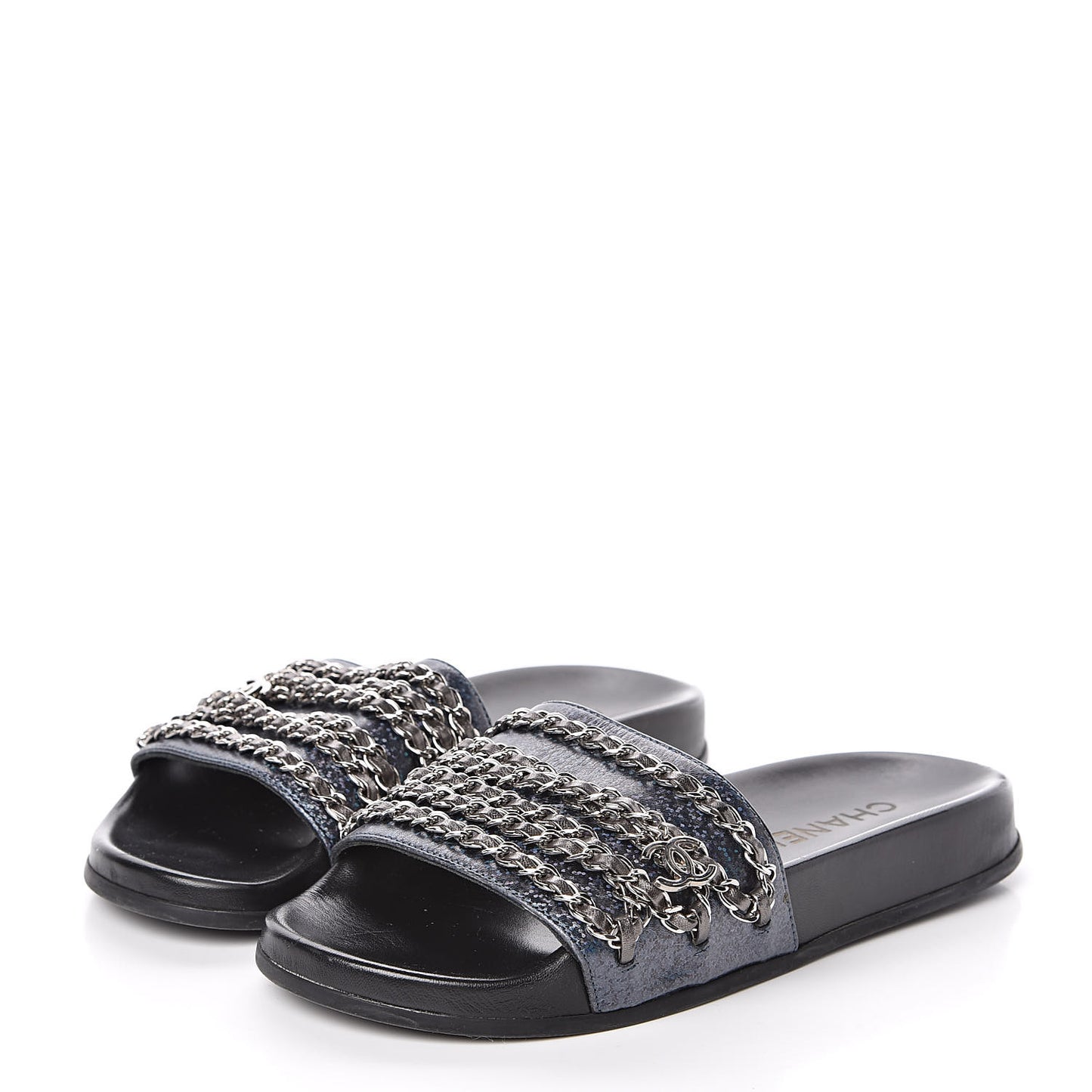 Lambskin Chain Flat Sandals 37 Dark Blue