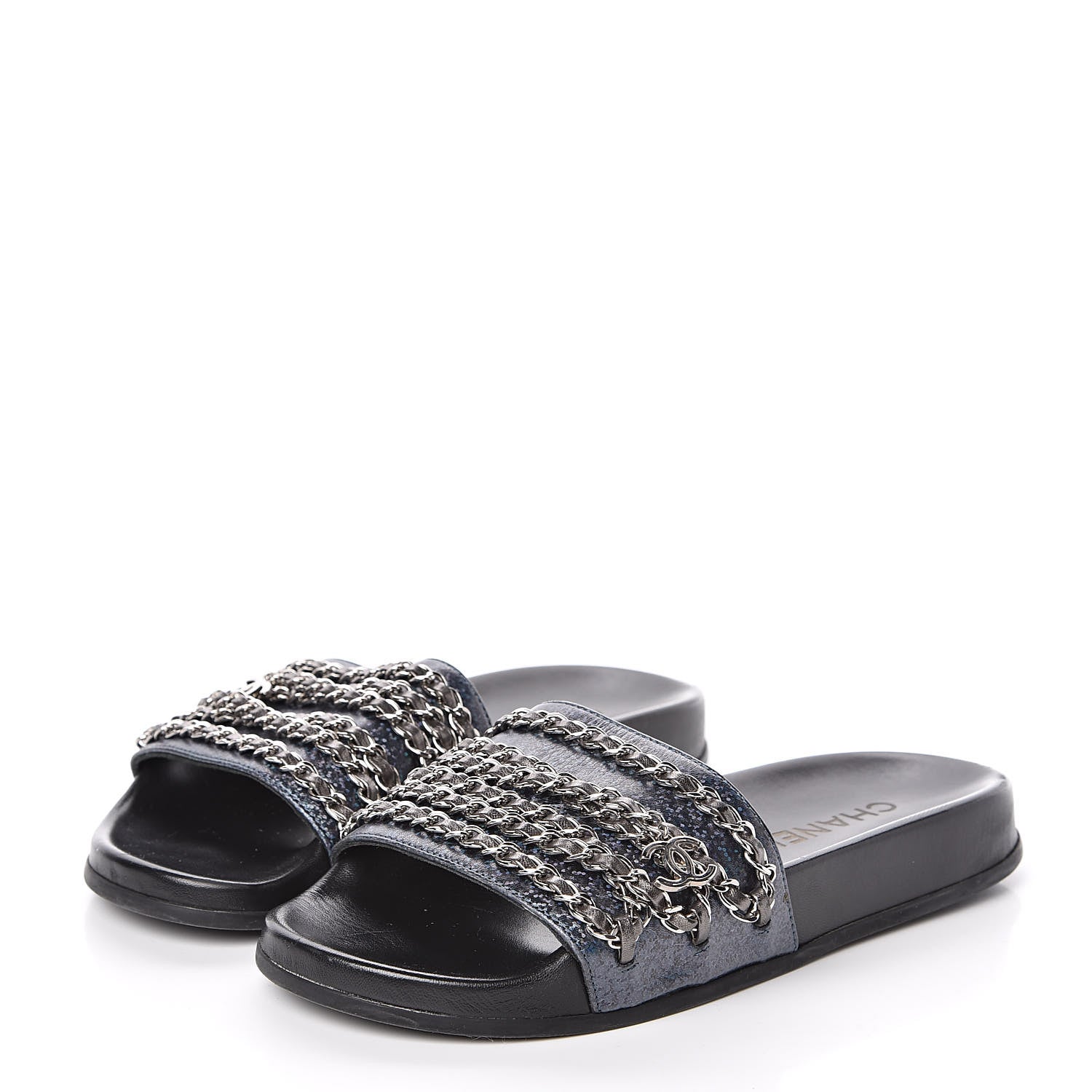 Chanel Lambskin Chain Flat Sandals 37 Dark Blue 3 of 11